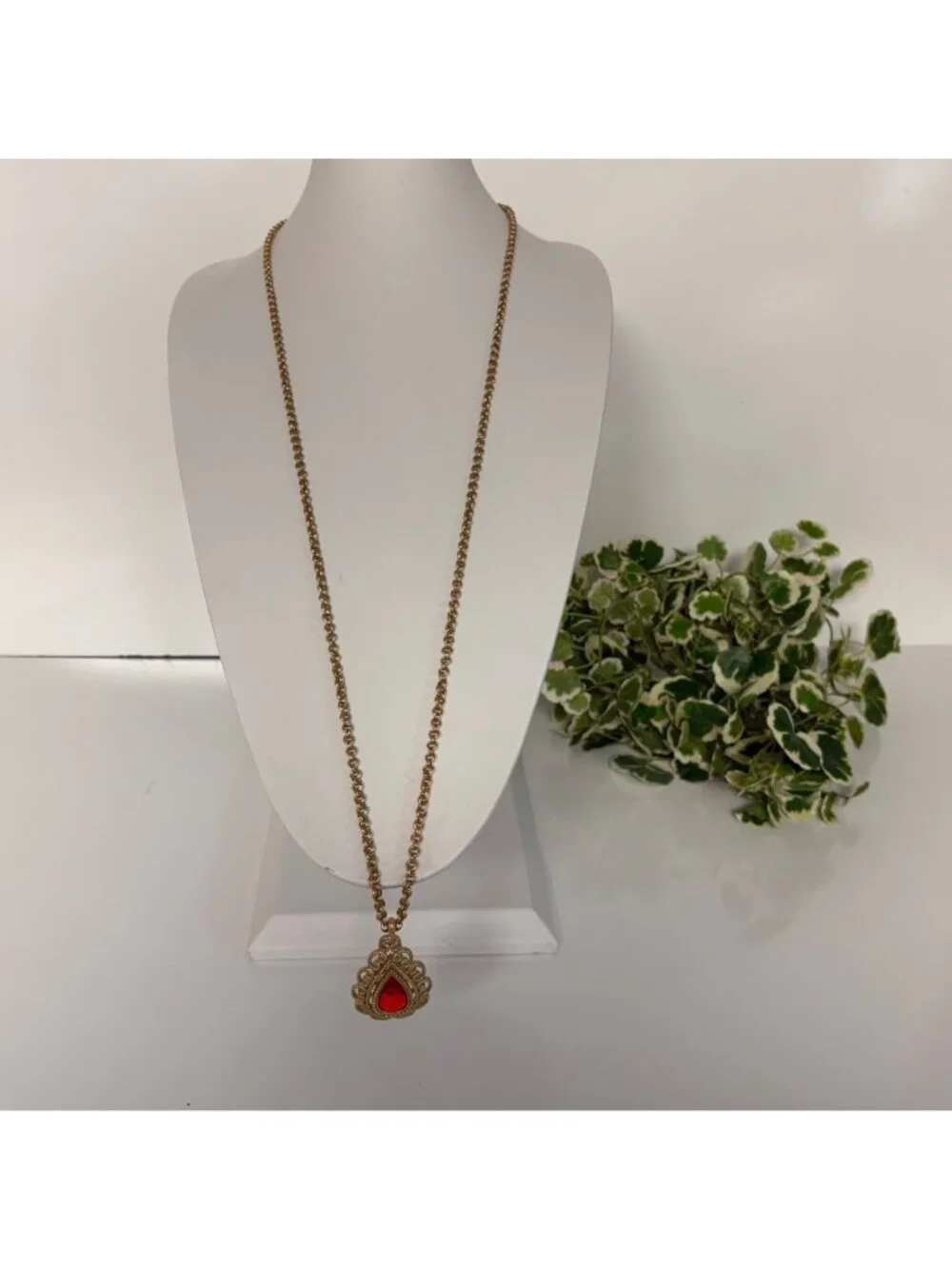 Long Gold Tone Necklace Orange Teardrop Pendant Ornate Filigree Design Jewelry